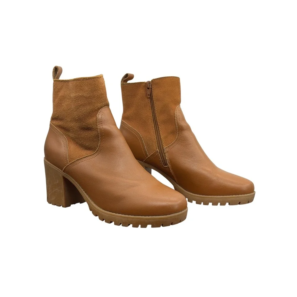 Soludos Dani Shearling Ankle Boots Womens 9 Tan Leather Block Heel Fall Comfort